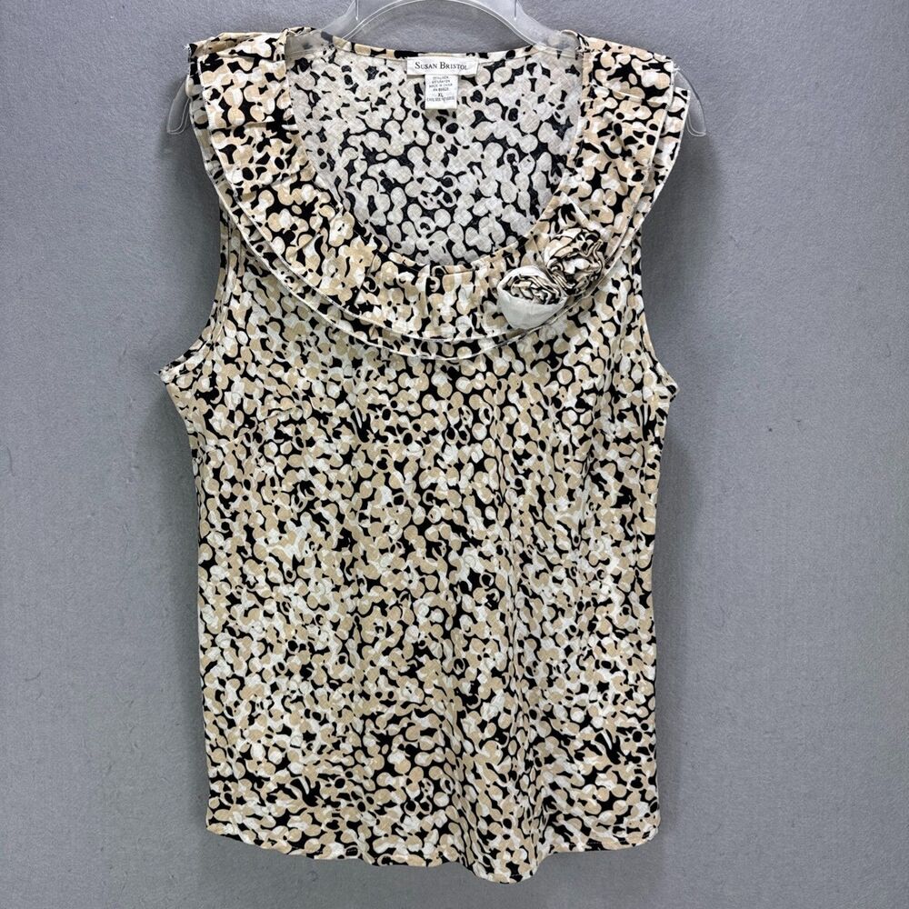 NW0T Susan Bristol Top Women's XL Tan & Black Linen Blouse Flowers Boho Peasant